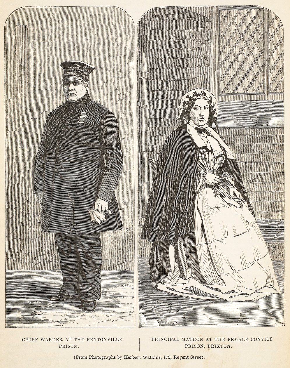 Jefe de celadores en la prisión de Pentonville y matrona principal en la prisión de convictas de Brixton, ilustración de Las prisiones criminales de Londres y escenas de la vida en prisión de Henry Mayhew y John Binny de English School