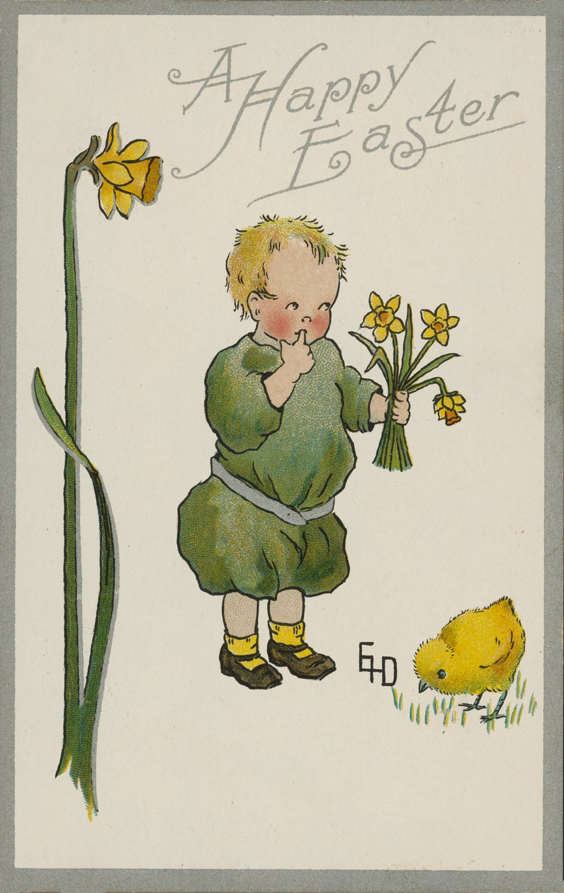 Niño recogiendo narcisos (litografía en color) de English School