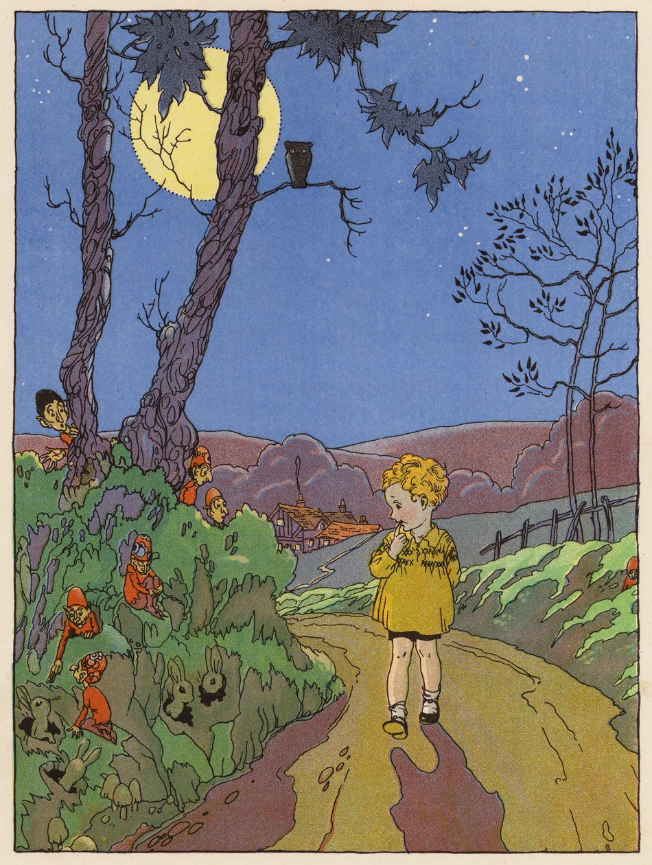 Niño caminando de noche viendo conejos, duendes y otras criaturas (litografía en color) de English School