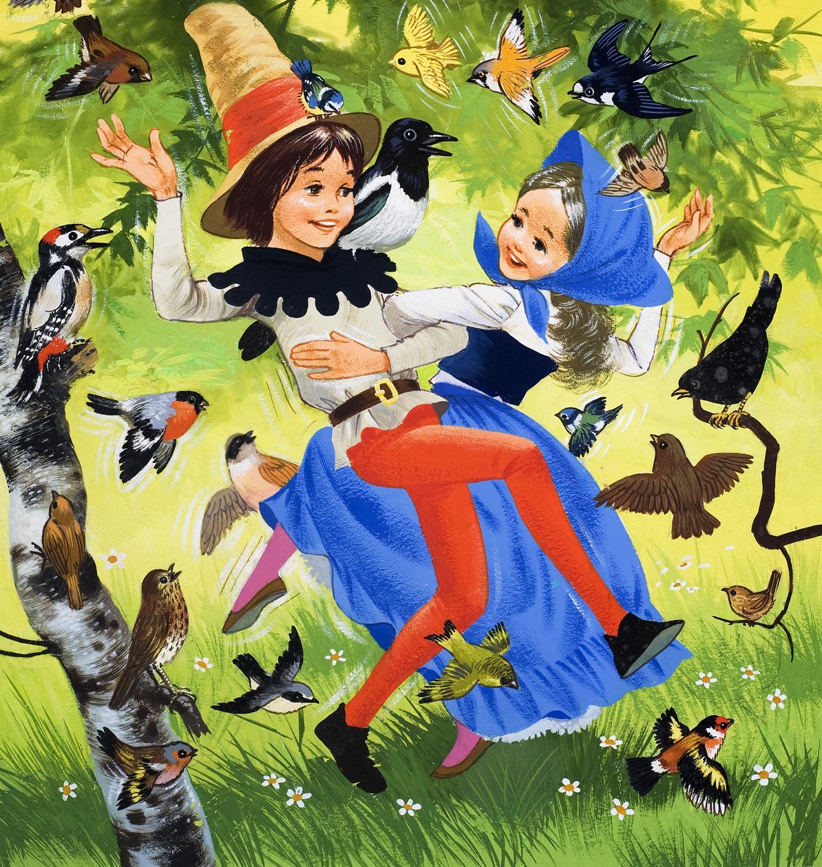 Niños bailando en el bosque (gouache sobre papel) de English School