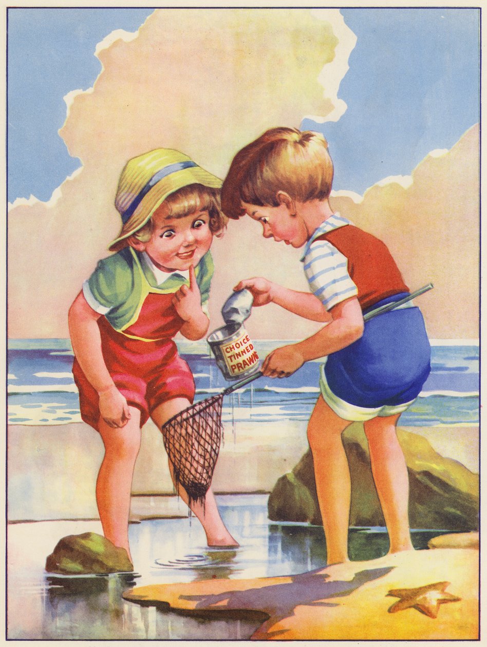 Niños pescando en una piscina de rocas a la orilla del mar (litografía en color) de English School