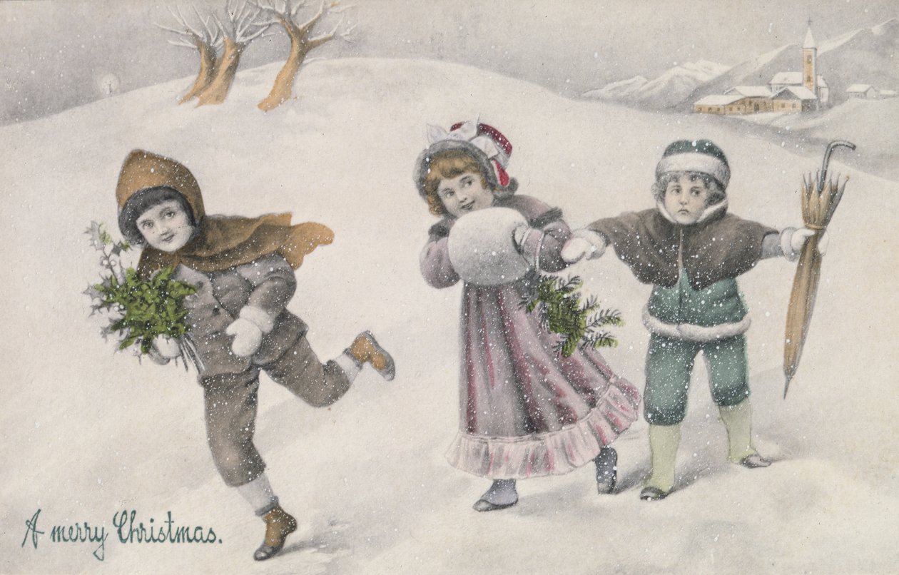 Niños en la nieve, Postal victoriana (impresión) de English School