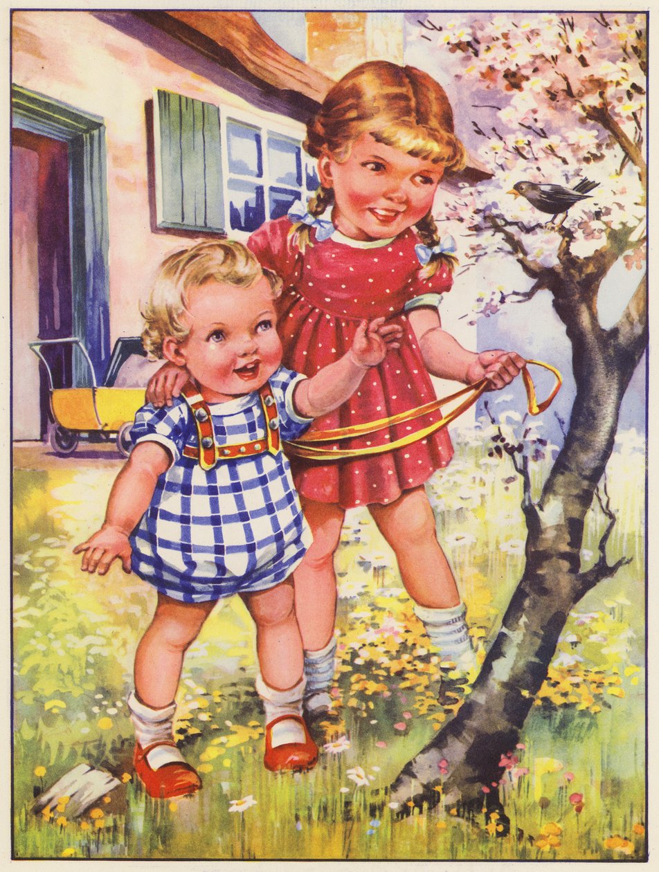 Niños en el jardín con un mirlo (litografía en color) de English School
