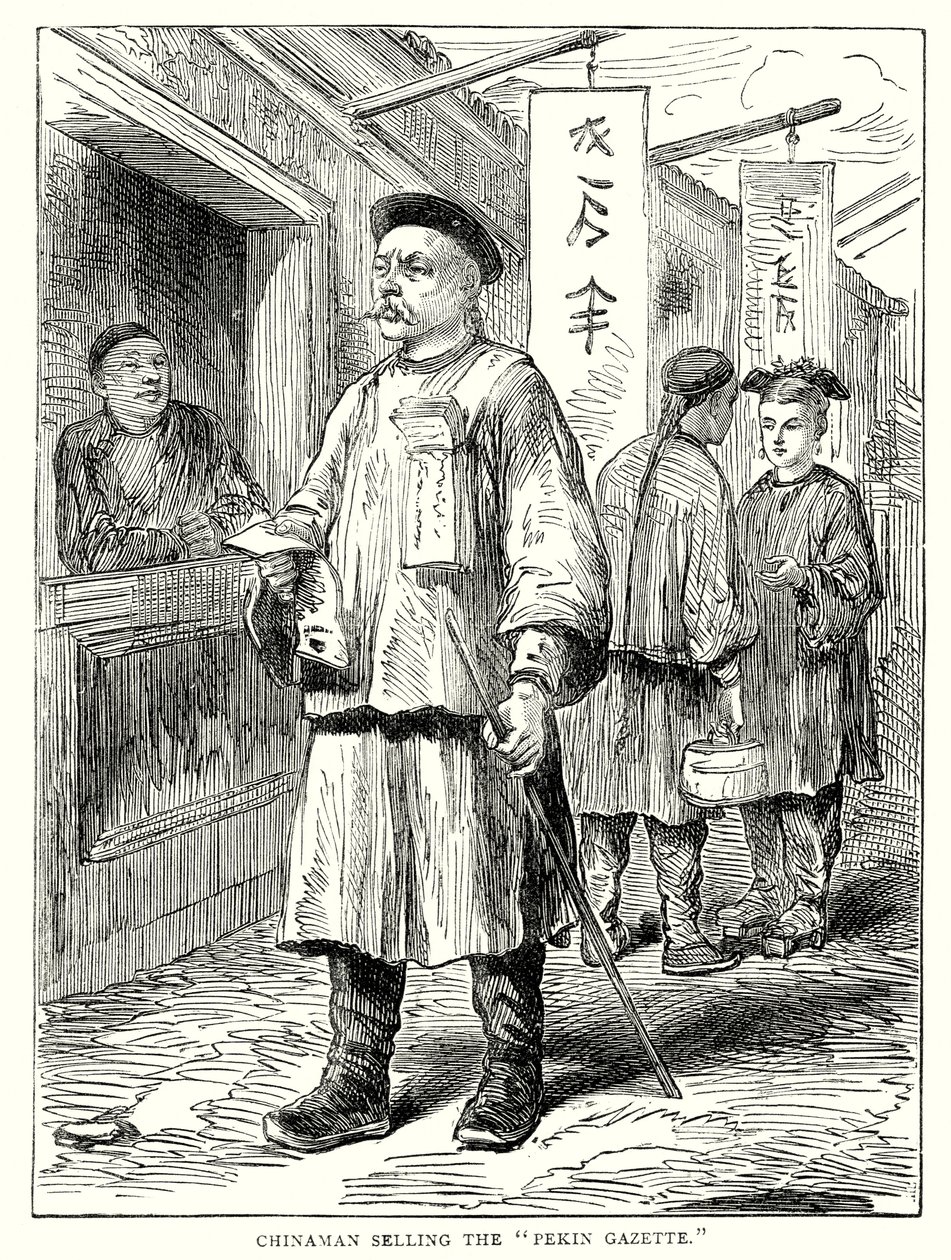 Un chino vendiendo la "Gaceta de Pekín" (grabado) de English School