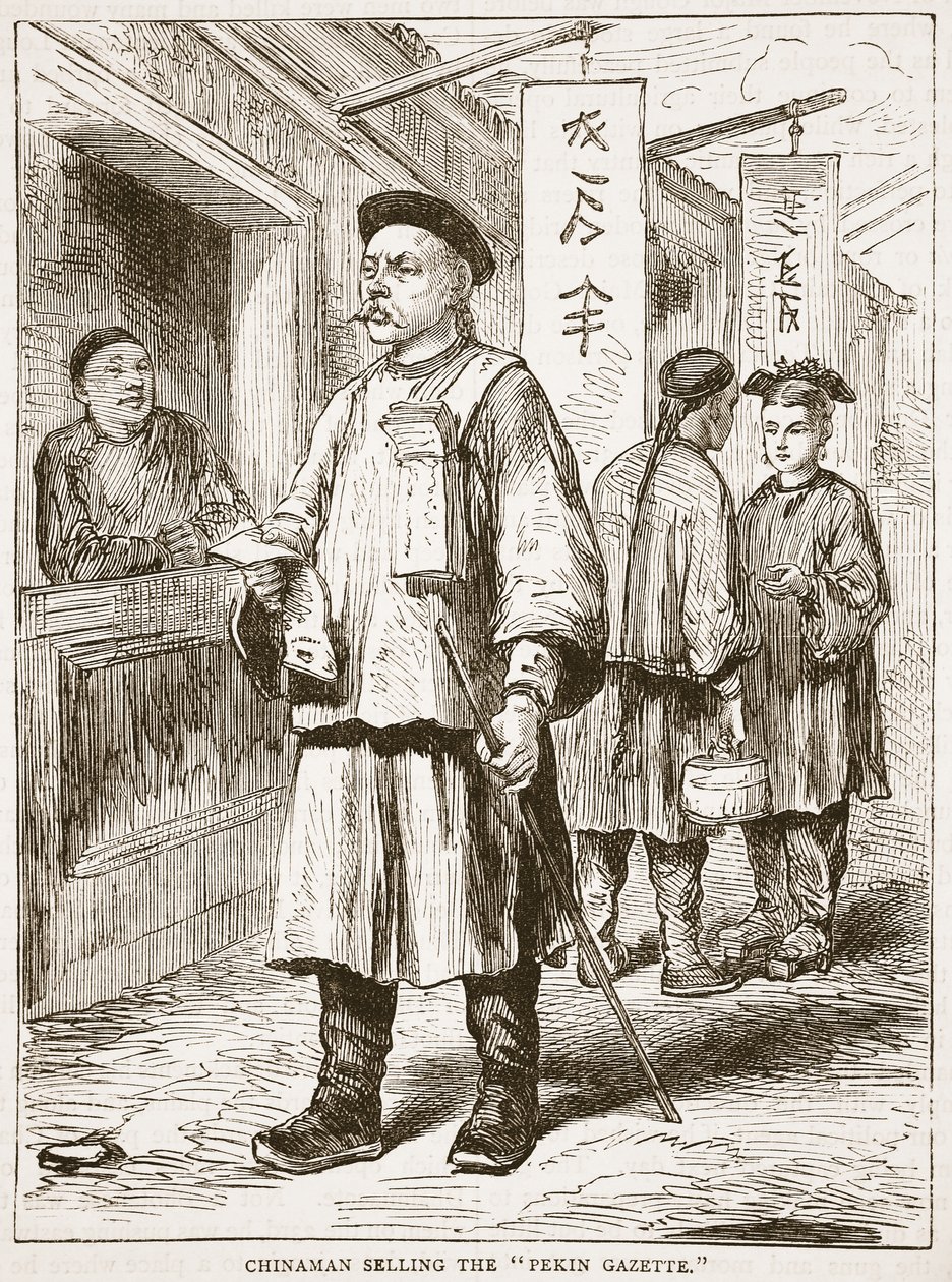 Chino vendiendo la Gaceta de Pekín, ilustración de Cassells Illustrated History of England de English School