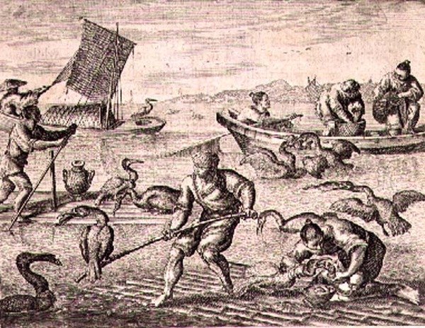 Pescadores chinos usando cormoranes para atrapar peces, ilustración de una descripción de embajadas a China de English School