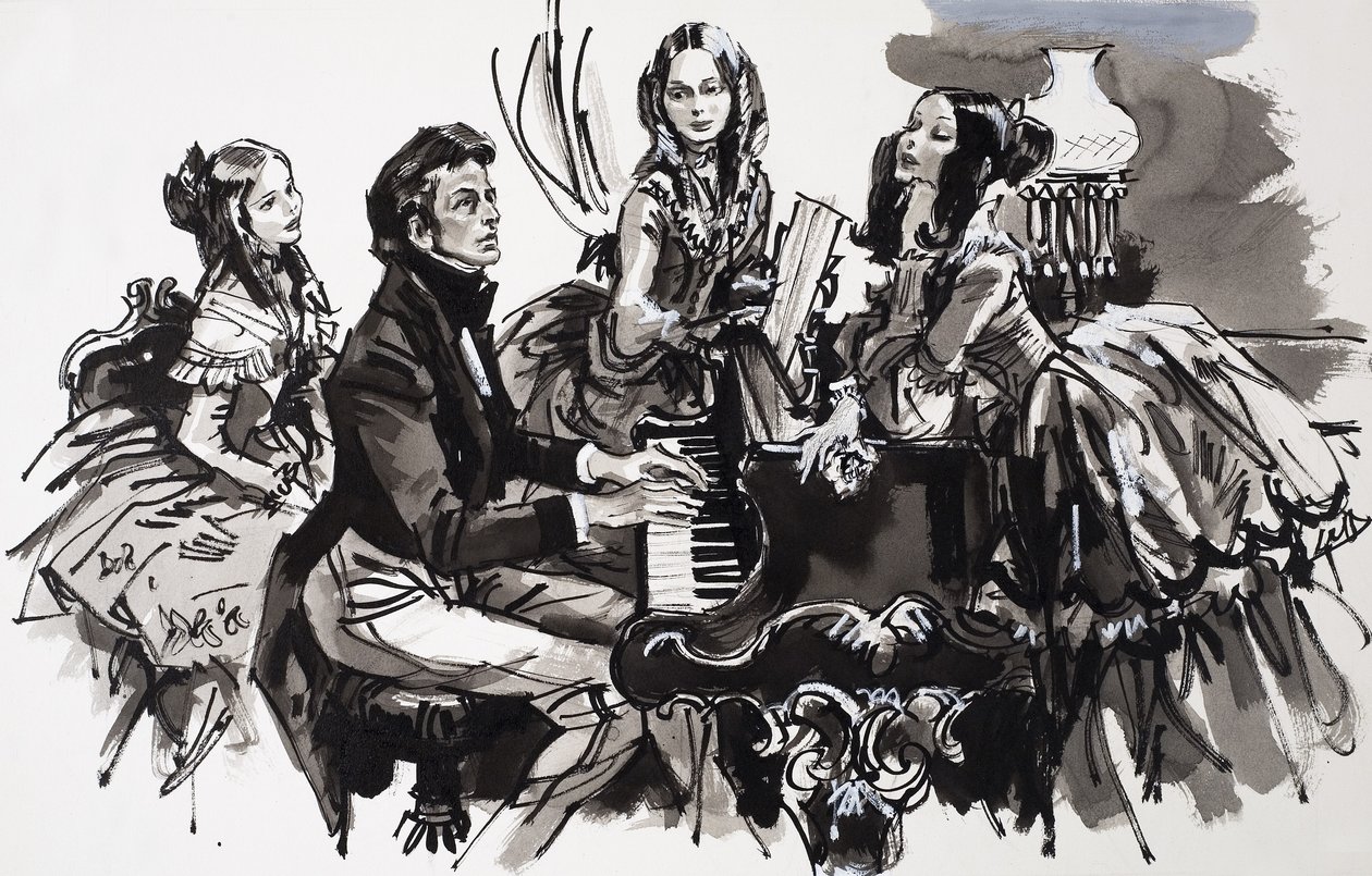 Chopin con admiradoras (gouache sobre papel) de English School