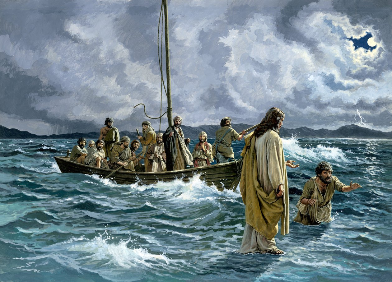 Cristo caminando por el Mar de Galilea (gouache sobre papel) de English School