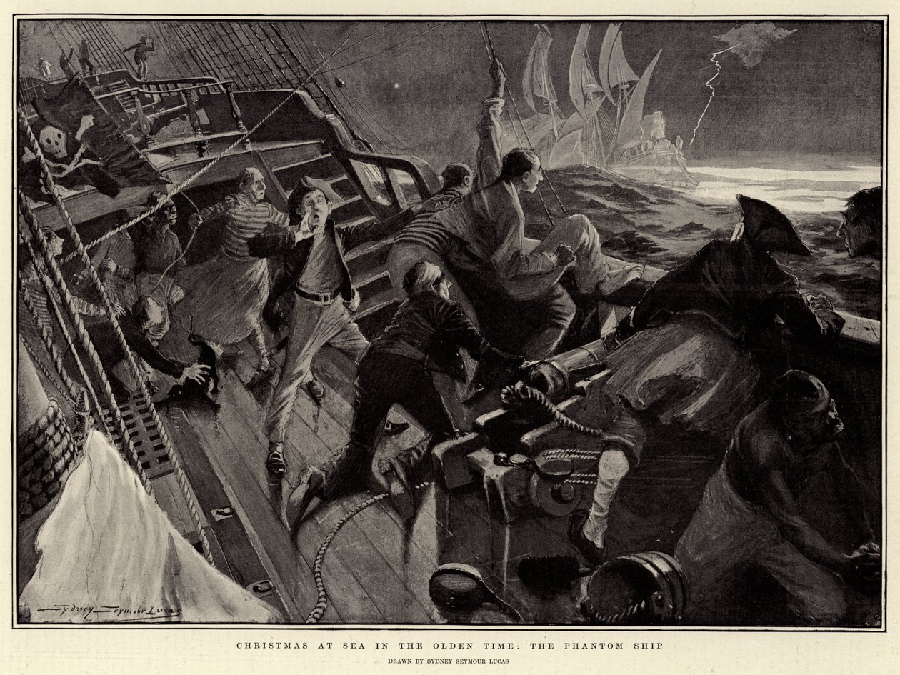 Navidad en el mar en los viejos tiempos, el barco fantasma (litografía) de English School