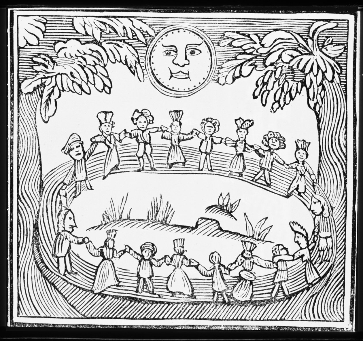 Círculo de Brujas Bailando Bajo la Luna Llena, ilustración de una colección de folletos sobre esoterismo de English School