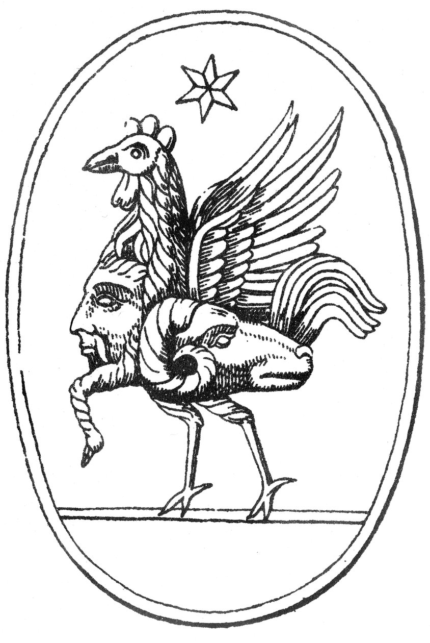 Gema griega clásica en forma de Pan unido a un gallo, un carnero y el sol de English School