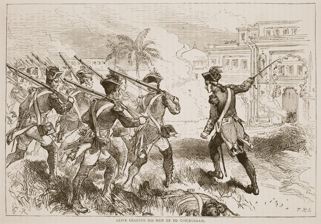 Clive liderando a sus hombres hacia Conjeveram, ilustración de Cassells Illustrated History of India de James Grant, pub. 1879 de English School