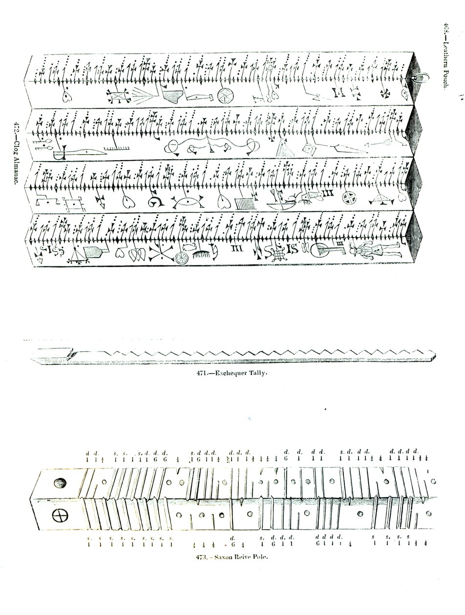 Almanaque de zuecos, tally del Exchequer y poste de Reive sajón de English School