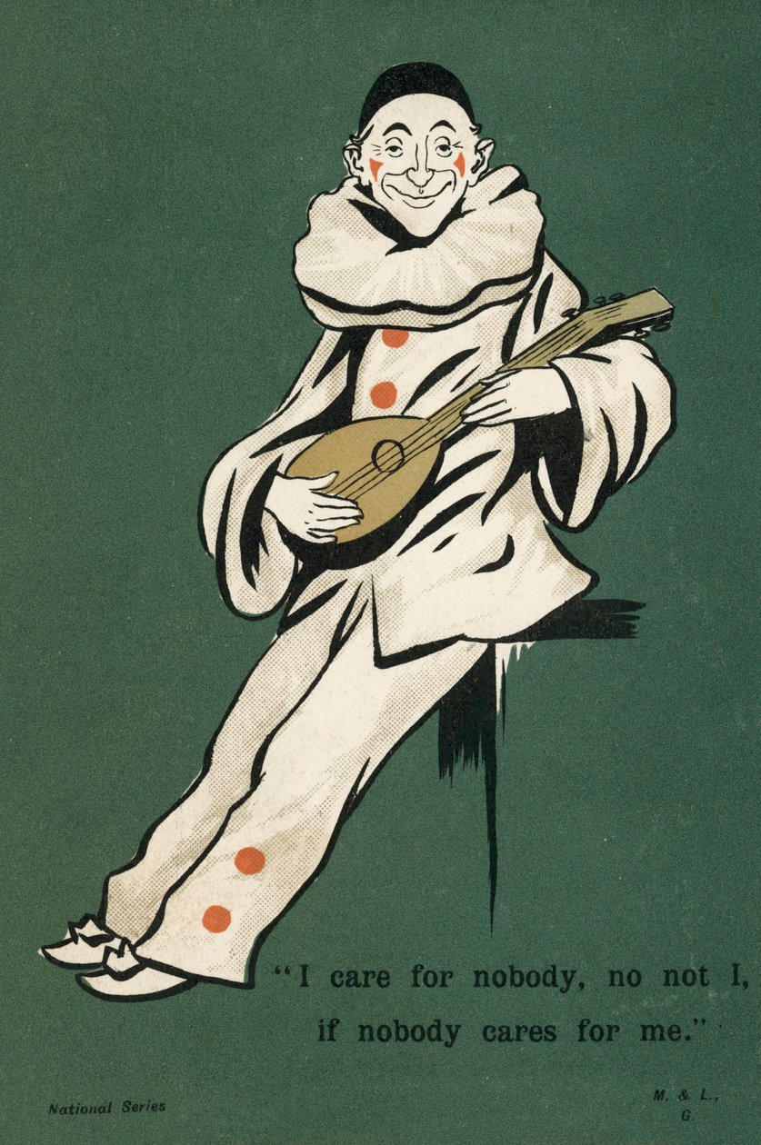 Payaso tocando el laúd (litografía en color) de English School