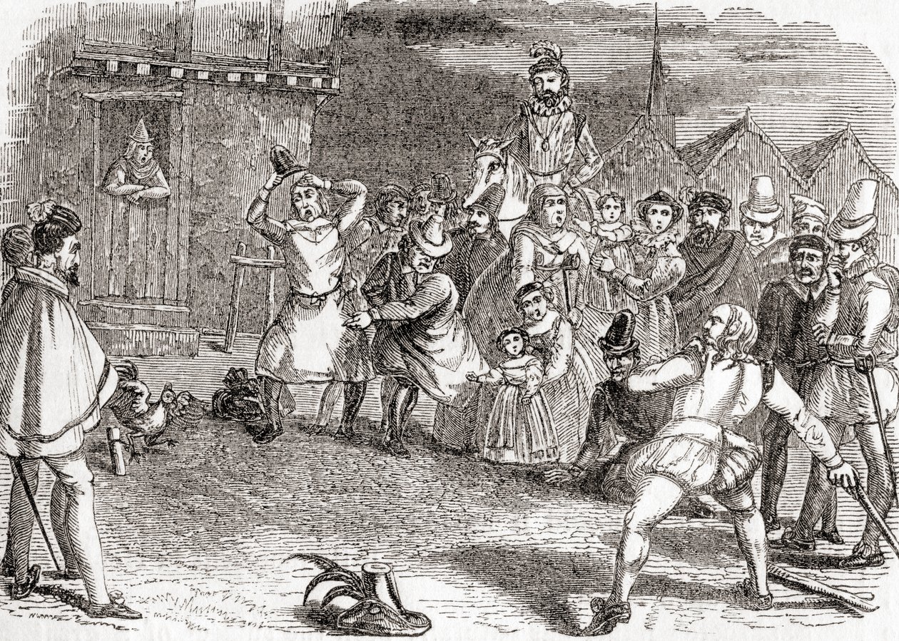 Lanzamiento de gallos, también conocido como cock-shying o lanzamiento a los gallos, de la Vieja Inglaterra: A Pictorial Museum, pub. 1847 de English School