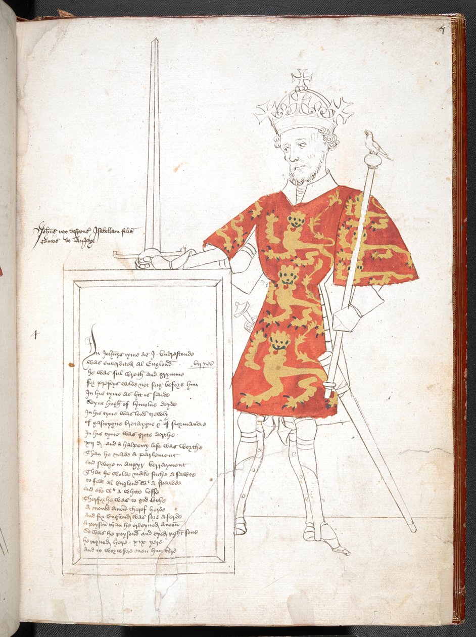 Dibujo coloreado de un rey inglés con armadura y tabardo (el rey Juan), presentando una placa con versos. Inacabado. de English School