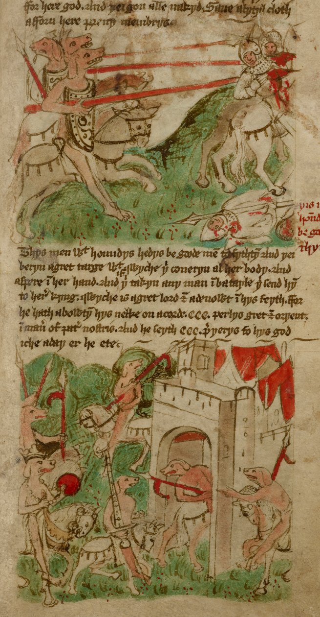 Dibujos en color que representan a las personas con cabeza de perro ("Cynocephalus") de la isla Nacumera, de 