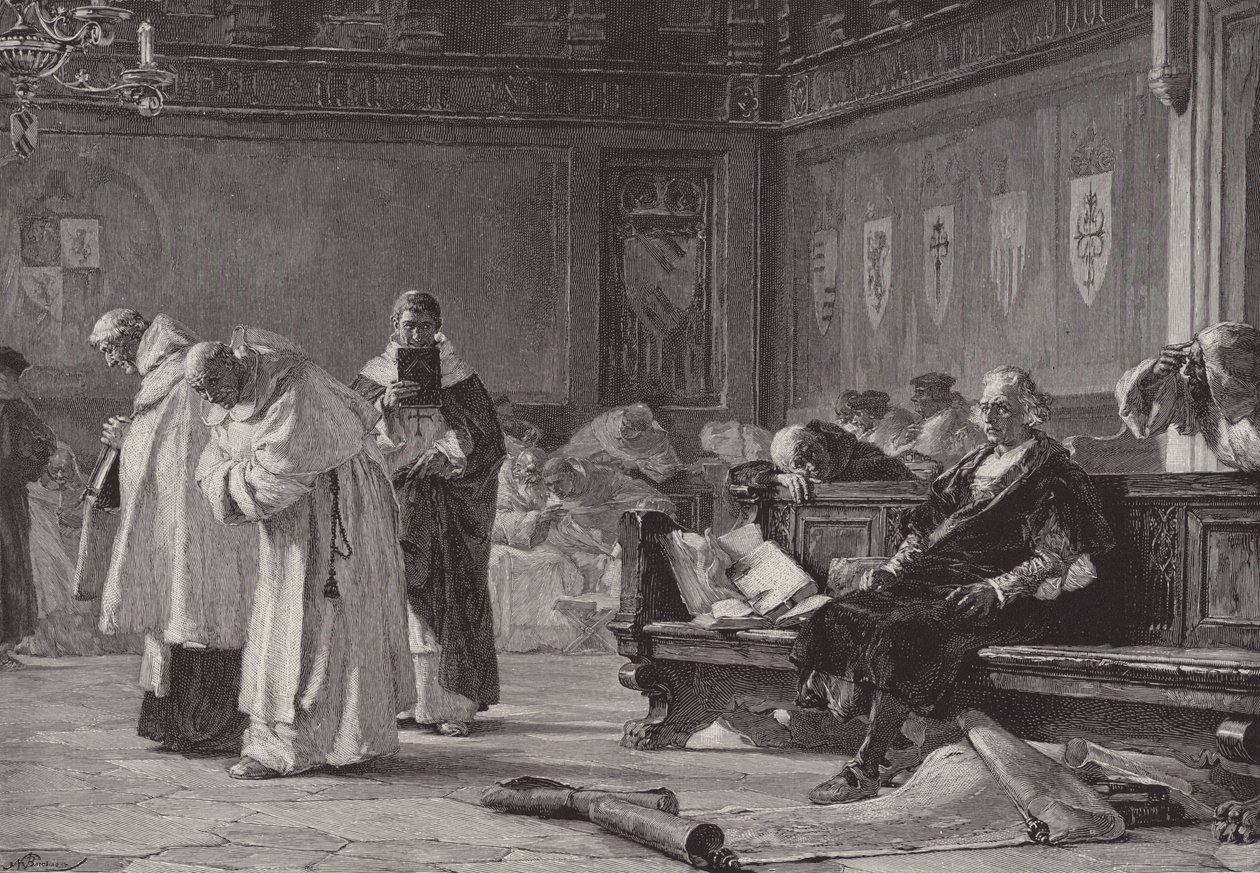 Colón ante el Consejo de Salamanca (grabado) de English School