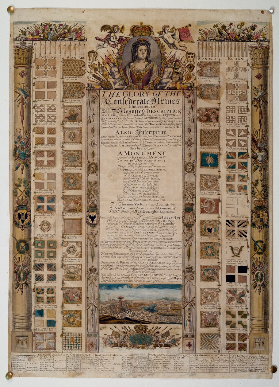 Gráfico conmemorativo que muestra los estandartes capturados a los franceses después de la Batalla de Blenheim, c.1704 de English School