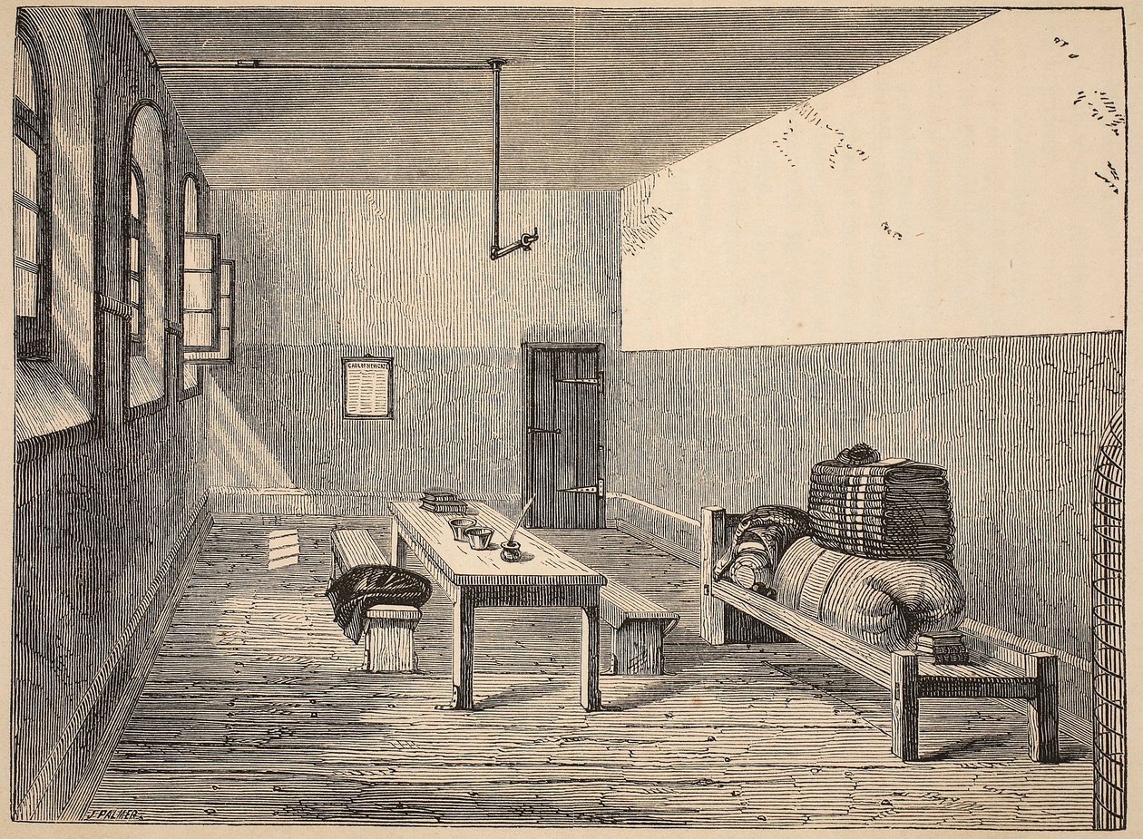 Celda de condenados, Newgate, ilustración de Las prisiones criminales de Londres y escenas de la vida en prisión de Henry Mayhew y John Binny, pub. 1862 de English School