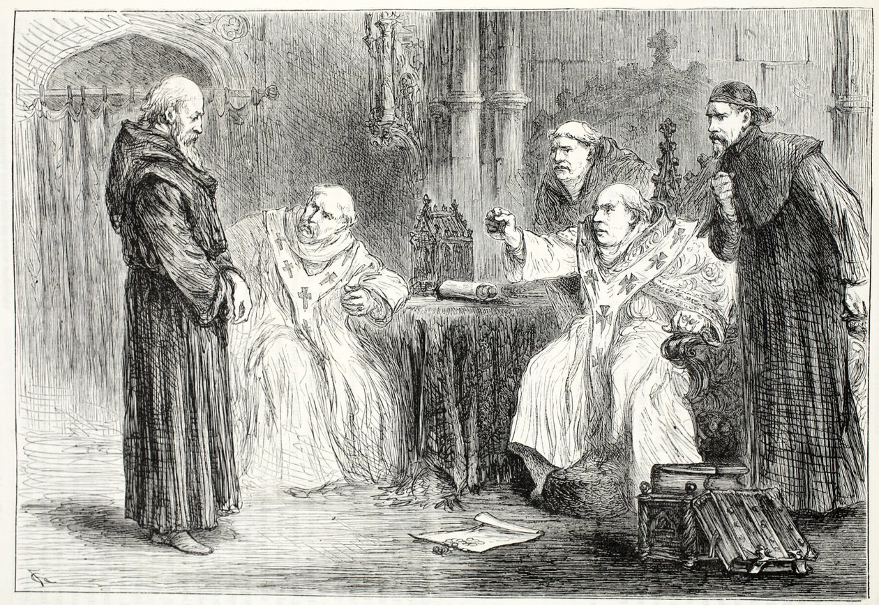 Conferencia entre Thorpe y Arundel, ilustración de La Historia del Protestantismo de James Aitken Wylie, pub. 1878 de English School
