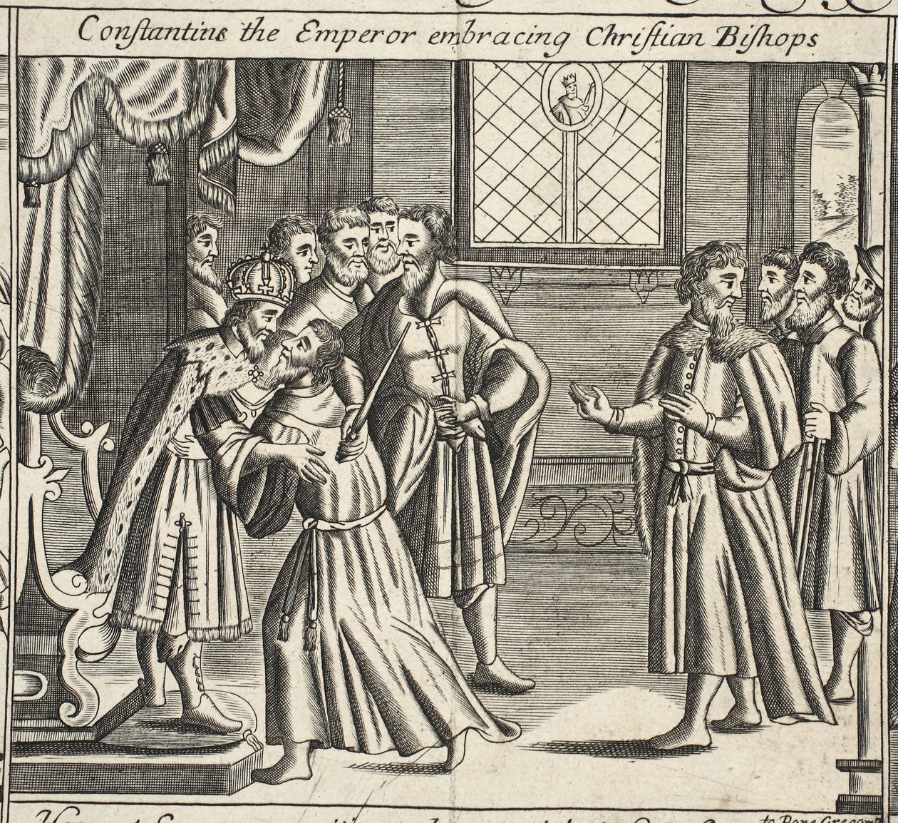 Constantino el emperador abrazando a los obispos cristianos, ilustración de Hechos y Monumentos de John Foxe, novena edición, pub. 1684 de English School
