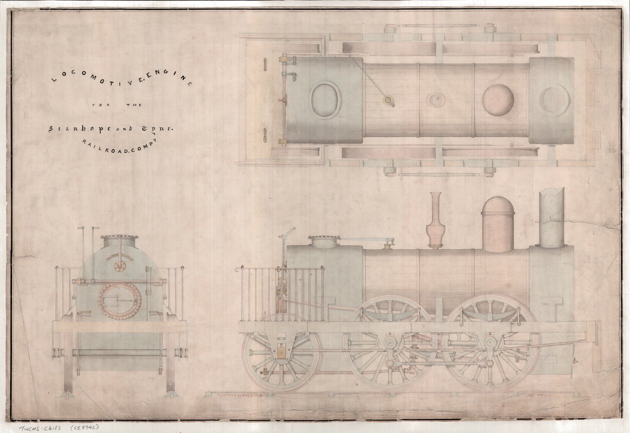 Dibujo de construcción, locomotora 0-4-2 y tender por R. y W. Hawthorn y Co. para la Stanhope and Tyne Railway Co de English School