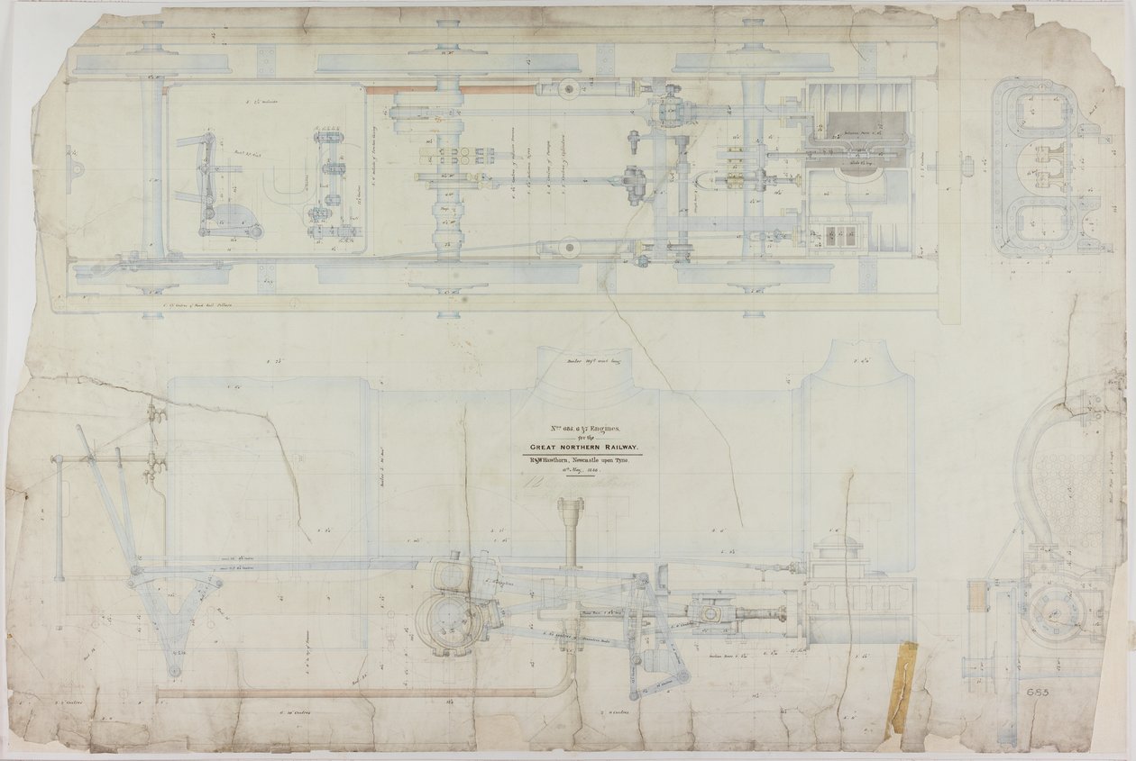 Dibujo de construcción para la locomotora 2-2-2 por R. & W. Hawthorn & Co. para la Great Northern Railway Co. de English School