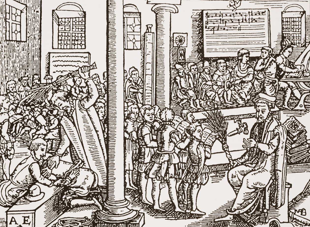 Grabado contemporáneo de una escuela de gramática Tudor de English School
