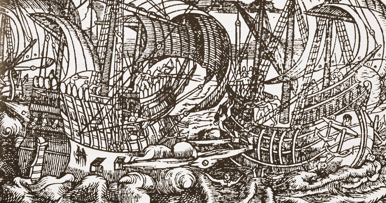 Grabado contemporáneo de un barco de guerra en el mar de English School