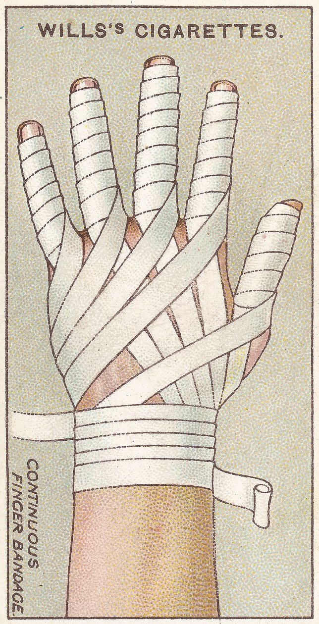 Vendaje continuo para dedo, no.48 de la serie de Primeros Auxilios de las tarjetas de cigarrillos de Willss, 1913 de English School