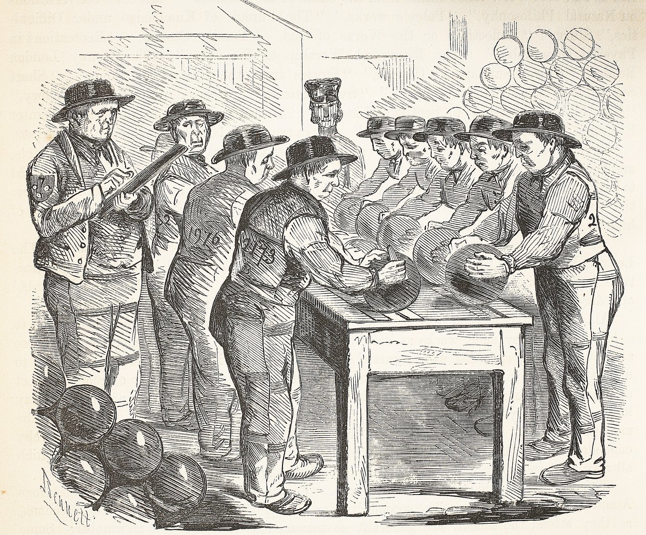 Convictos raspando balas, ilustración de Las prisiones criminales de Londres y escenas de la vida en prisión de Henry Mayhew y John Binny, pub. 1862 de English School