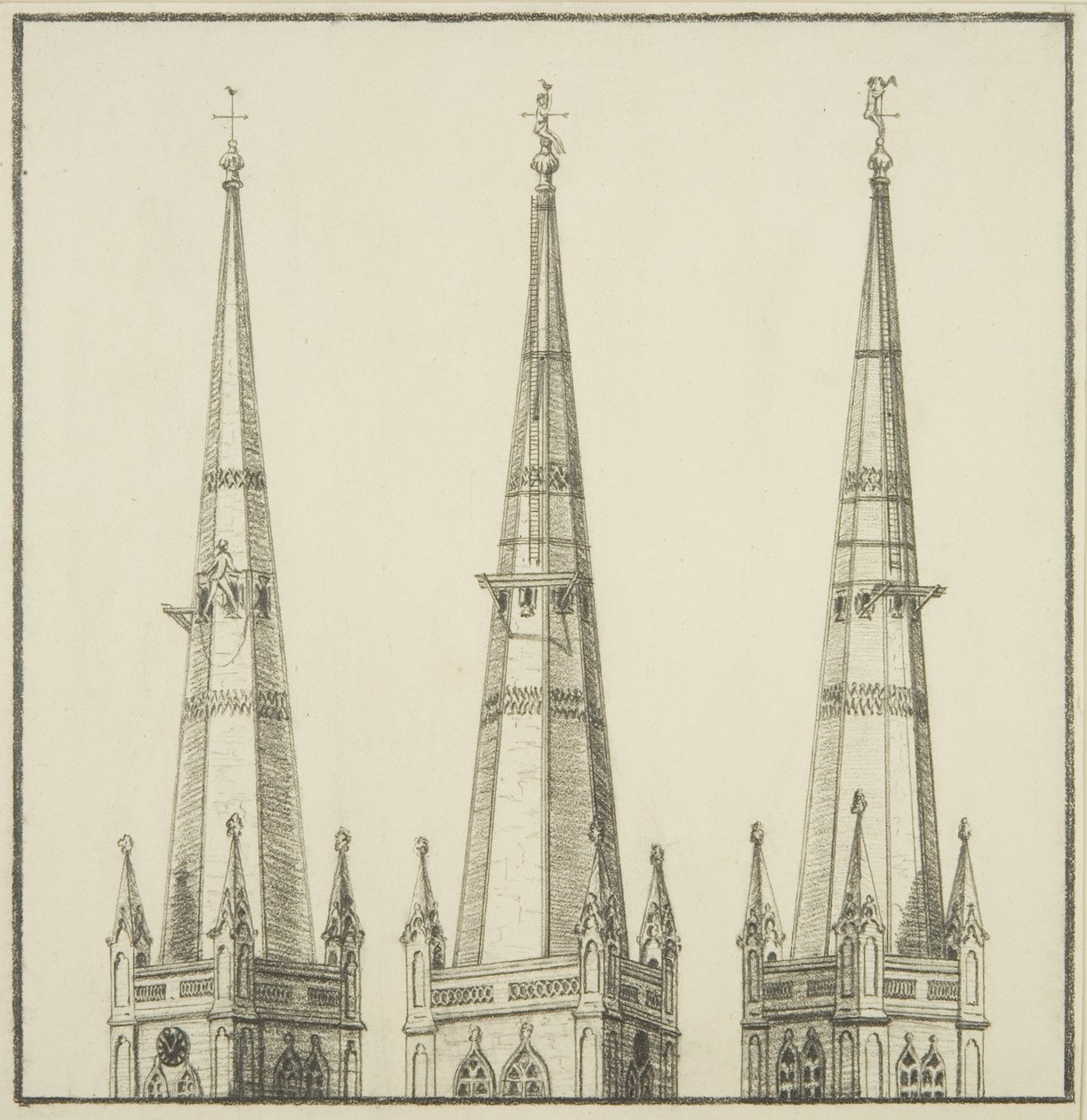 Copia del dibujo del campanario de St Nicholas, mostrando la remoción del gallo de viento de English School