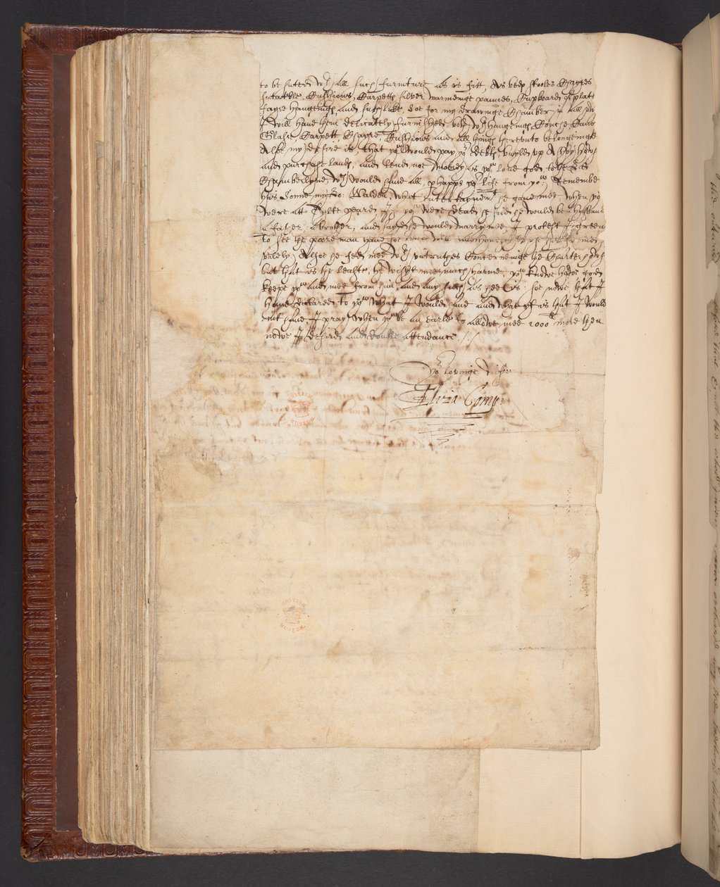Copia de una carta de Lady Elizabeth Compton a su esposo, Harley MS 7003, f.158v (tinta y pluma sobre papel) de English School