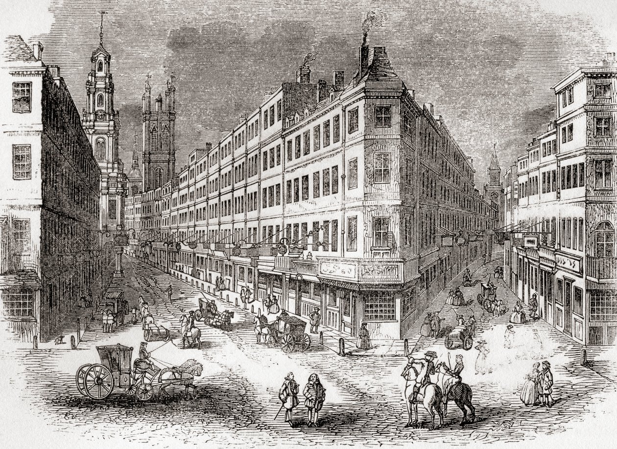 Cornhill, The Exchange y Lombard Street, Londres, Inglaterra a mediados del siglo XIX, de Old England: A Pictorial Museum, pub. 1847 de English School