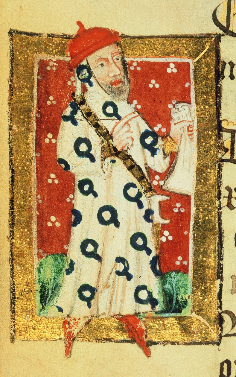 Cott Nero D VII f.105v Nigel Lorning, Caballero de la Jarretera, del Libro de los Benefactores de la Abadía de St. Alban, c.1380 (vitela) de English School