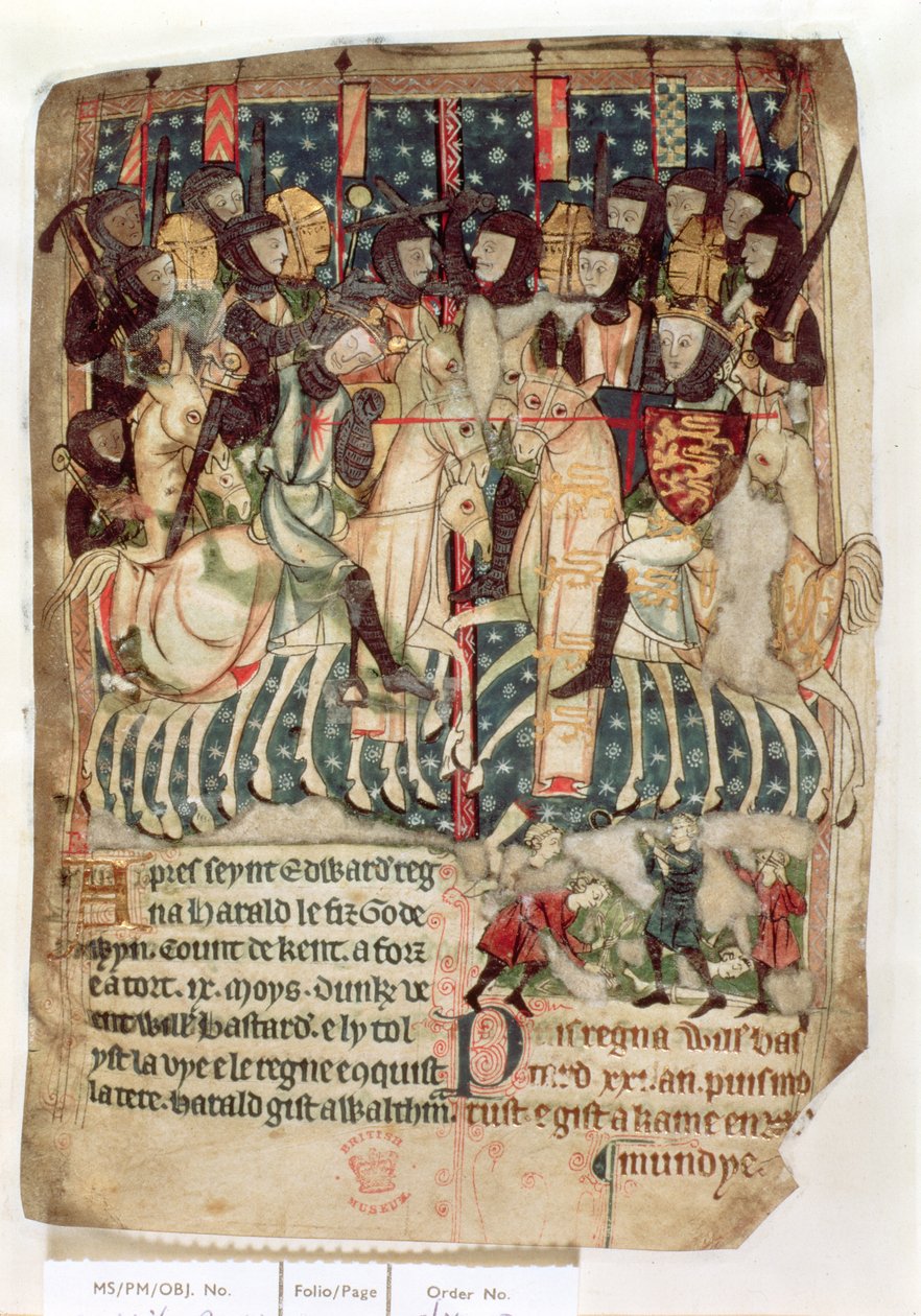 Cott Vitt A XIII f.3v Guillermo matando a Harold en la batalla de Hastings, de los "Decretos de los reyes de la Inglaterra anglosajona y normanda" (vitela) de English School