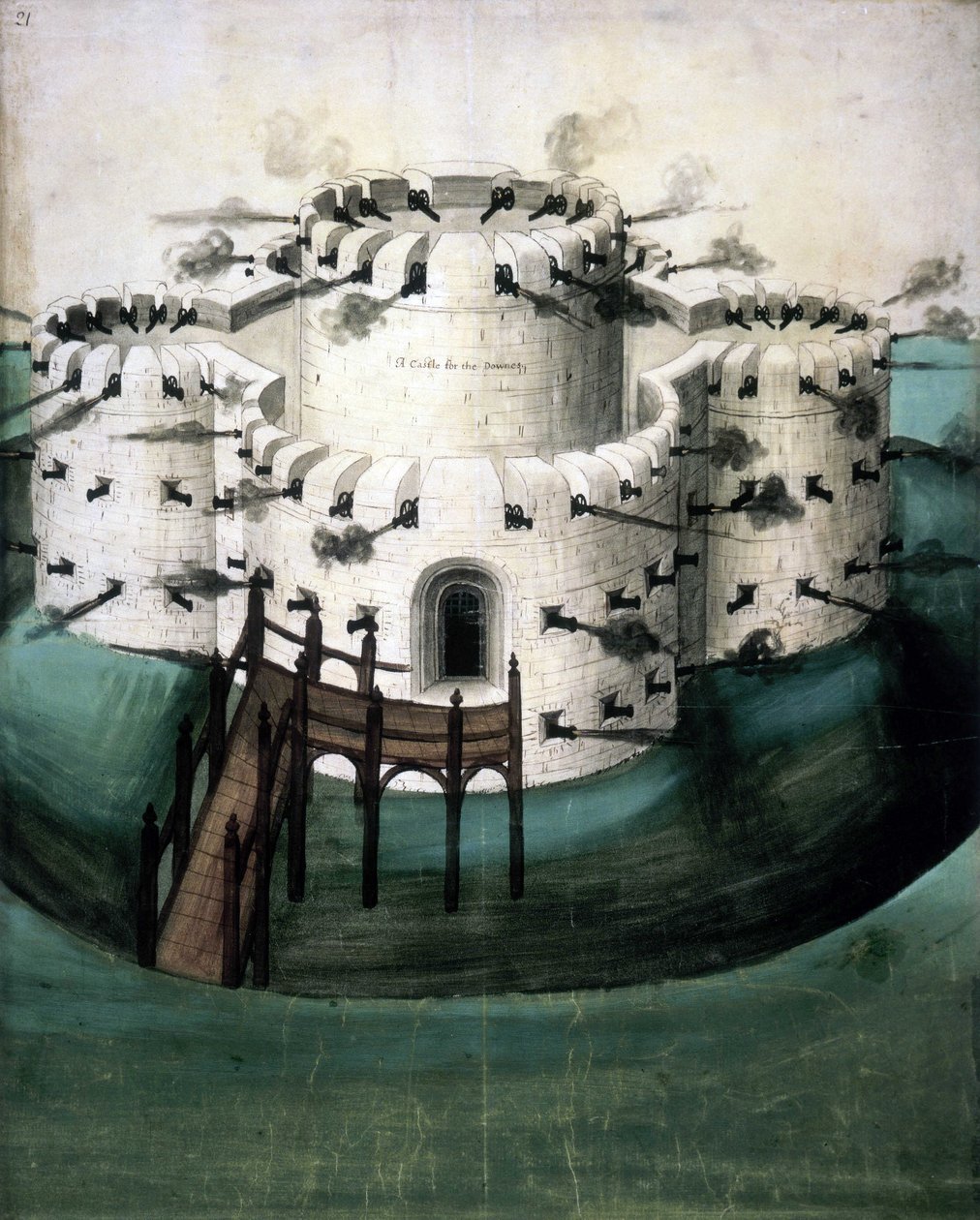 Cotton Augustus I i f.21, Diseño para Walmer y Sundown Castles ("Un castillo para los Downes") de English School