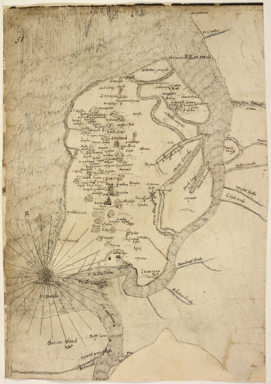 Cotton Augustus I.i f.51 Mapa de la isla de Sheppey atribuido al cartógrafo Robert Lythe de English School