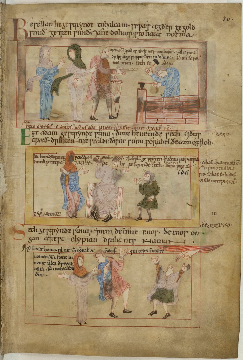 Algodón Claudio B IV fol.10 Lamec y sus dos esposas y su hijo, Tubalcaín, el herrero, trabajando (vitela) de English School