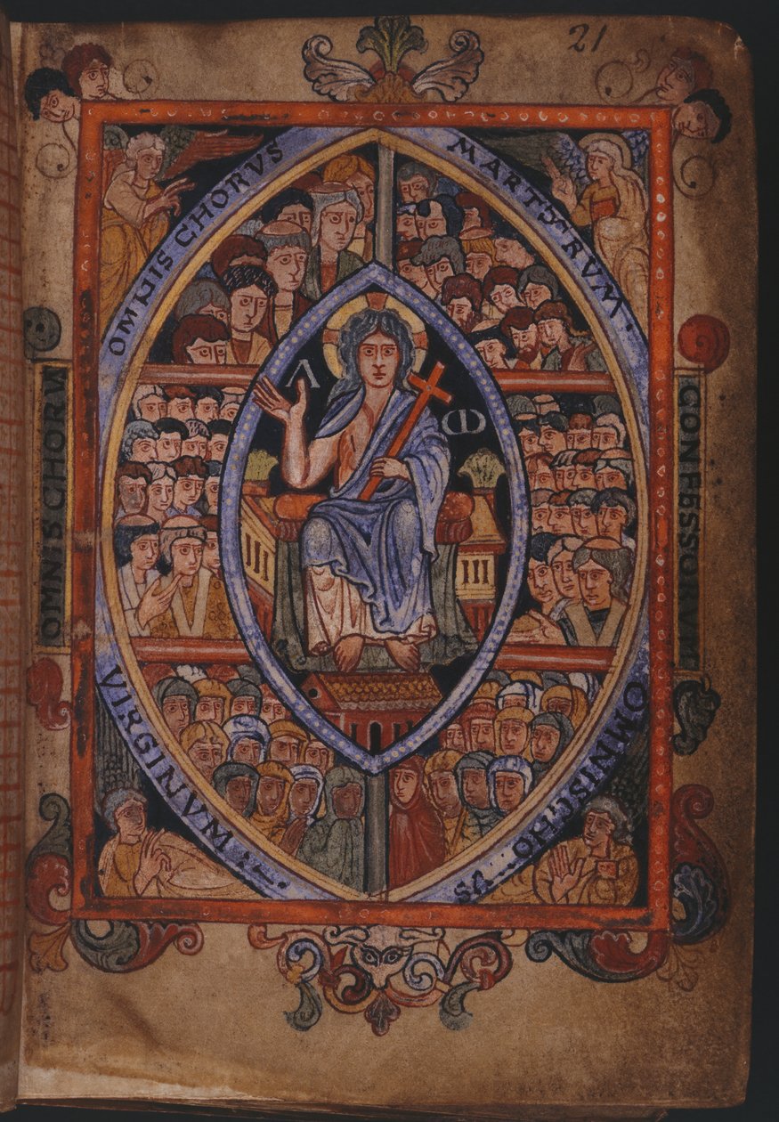 Algodón Galba A. XVIII, f.21 Cristo entronizado con coros de mártires, confesores y vírgenes de English School