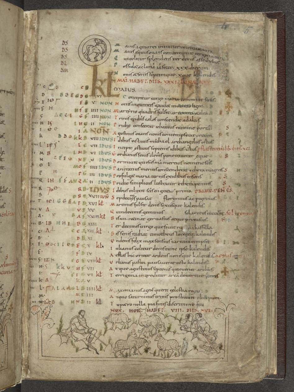 Algodón Julio A. VI, f.5, Página del calendario de mayo: Pastores y rebaño (vitela) de English School