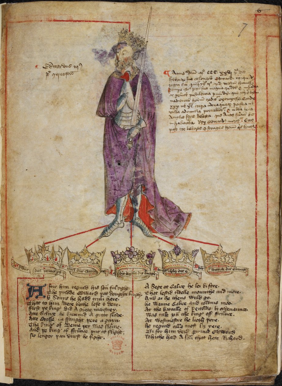 Cotton Julius E. IV, f.7 Dibujo de Eduardo III, con un breve relato de su reinado y líneas de 