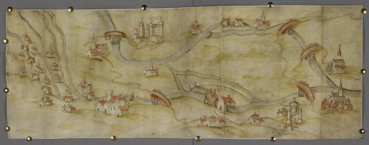 Cotton MS Augustus I i 65 Mapa del río Trent y sus afluentes entre Nottingham y Newark, c.1540 (pluma y tinta con acuarela sobre papel) de English School