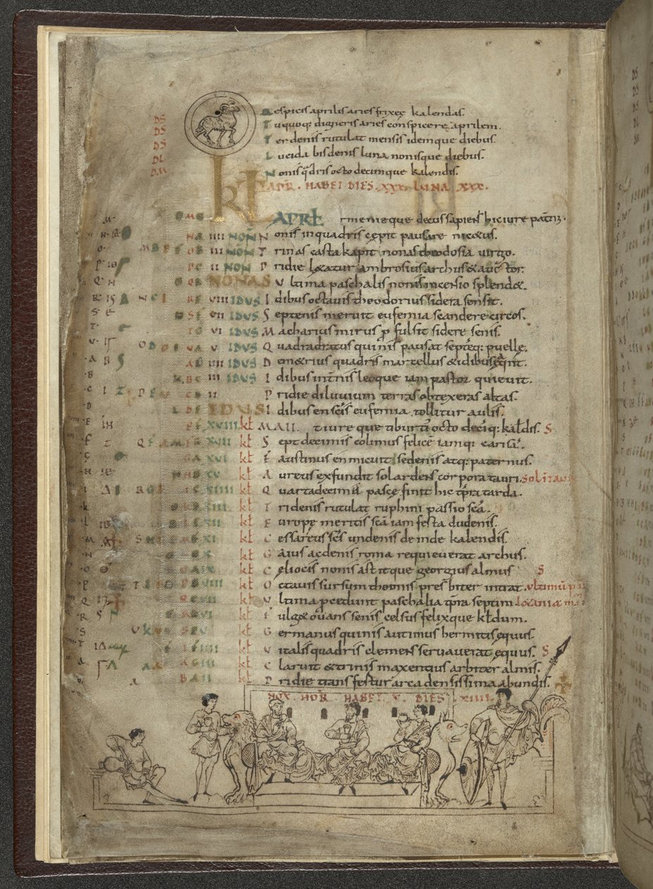 Algodón MS Julius A. VI, f.4v, página del calendario de abril: escena de fiesta con tres nobles (vitela) de English School