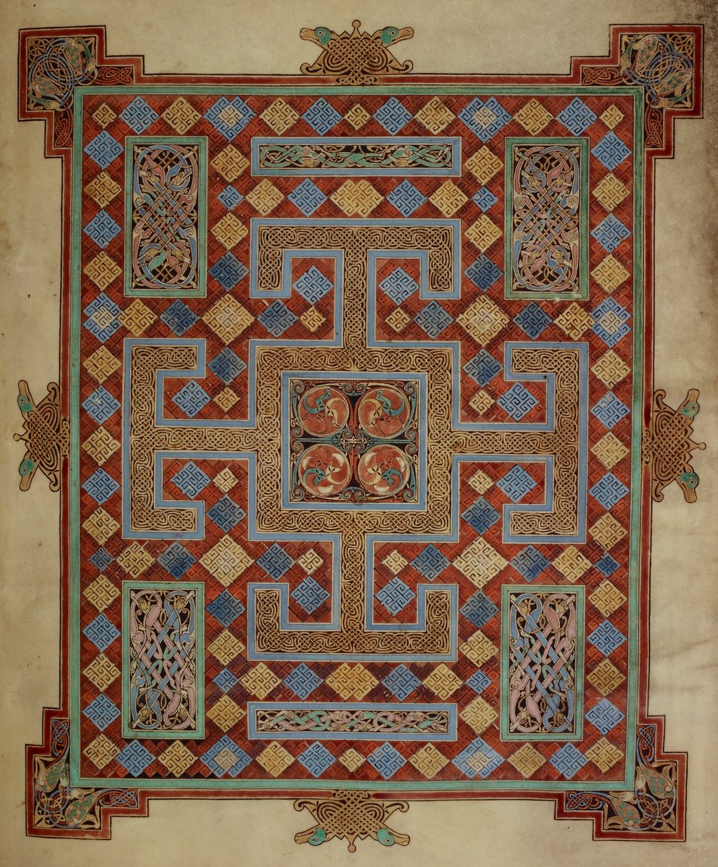 Cotton Nero D. IV, f.138v Página de alfombra que presenta el Evangelio de San Lucas, de los Evangelios de Lindisfarne, 710-21 (vitela) de English School