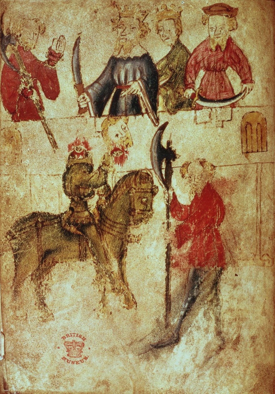 Cotton Nero Ms A X, f.94v: El caballero verde sin cabeza en la sala de Arturo, de "Perla, limpieza, paciencia y Sir Gawain y el caballero verde", c.1375-1400 (tinta y color sobre vitela) de English School