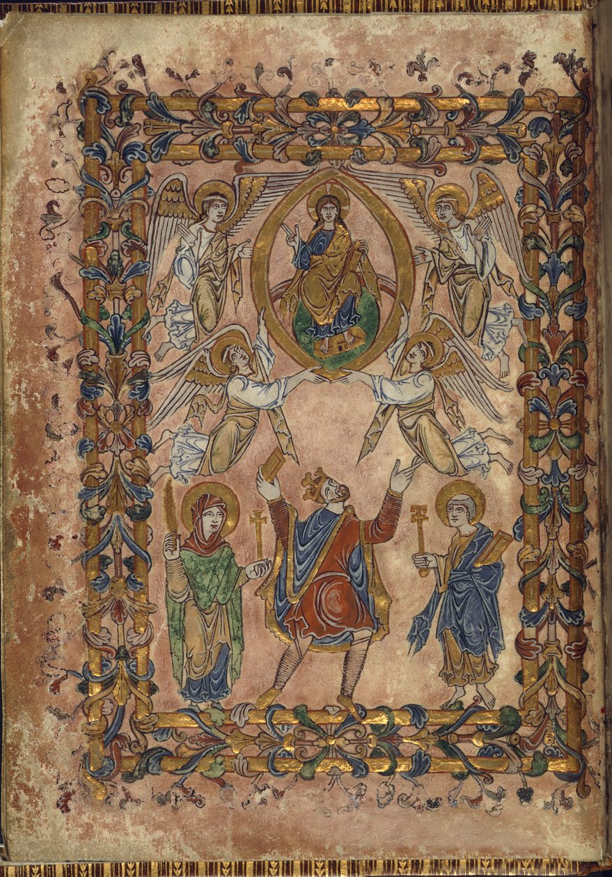 Cotton Vespasian A. VIII, f.2v Edgar ofrece estatuto a Cristo, ilustración de 