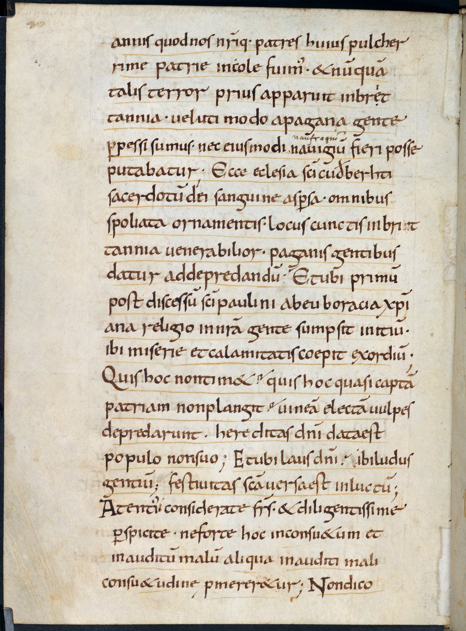 Algodón Vespasiano A. XIV, f.126v Carta de Alcuino ofreciendo conmiseraciones por el ataque vikingo a Lindisfarne en 793 (tinta sobre vitela) de English School