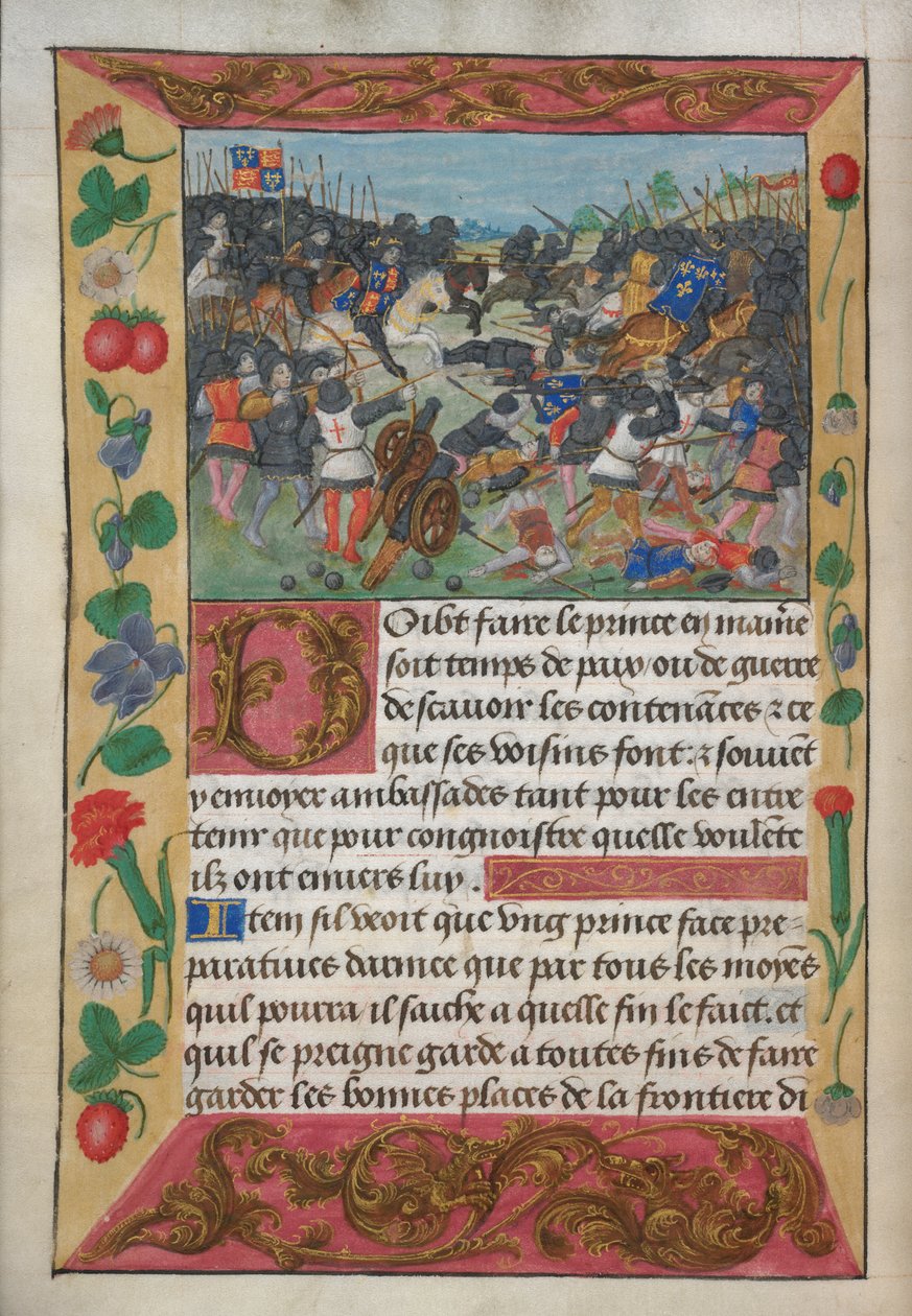 Cotton Vespasian A xvii, f.13v, El rey de Inglaterra montado en un caballo blanco, persiguiendo al rey de Francia que huía, del Manual de guerra para la instrucción de un príncipe de Robert de Balsac, c.1490s (vitela) de English School